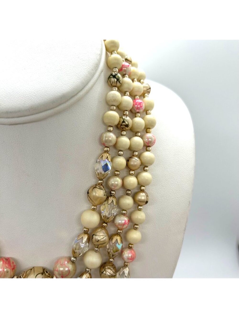 Vintage 4-Strand Japan Necklace Pink Swirl Beads Glass Acrylic Gold-Tone 1950s - Picture 8 of 16